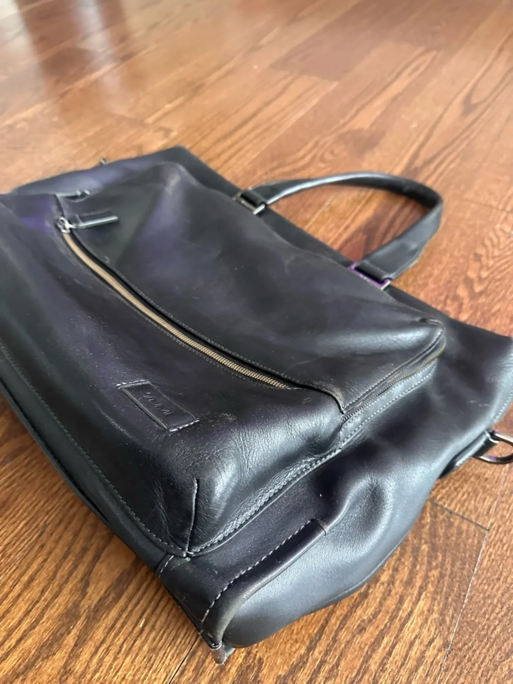 Tumi Black Leather Briefcase Tote with Front Zip Pockets